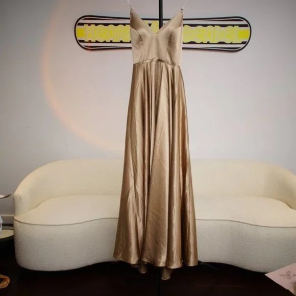 Faviana Gold Satin Charmeuse A-line Gown - Picture 4 of 6